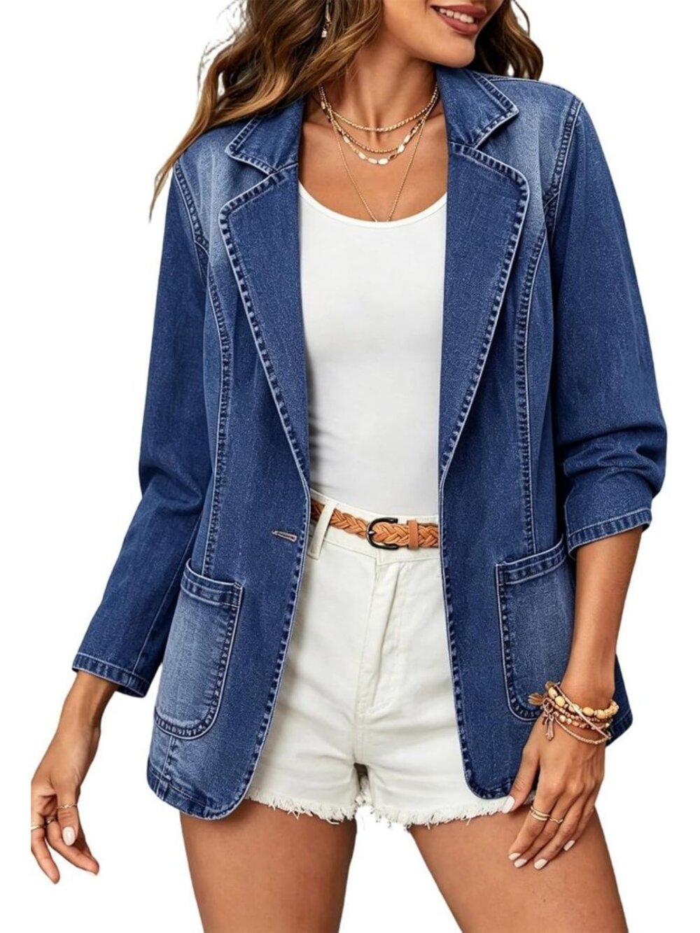 Chic Women's Notched Lapel Denim Blazer, One Button, Long Sleeve Slim Fit Jacket